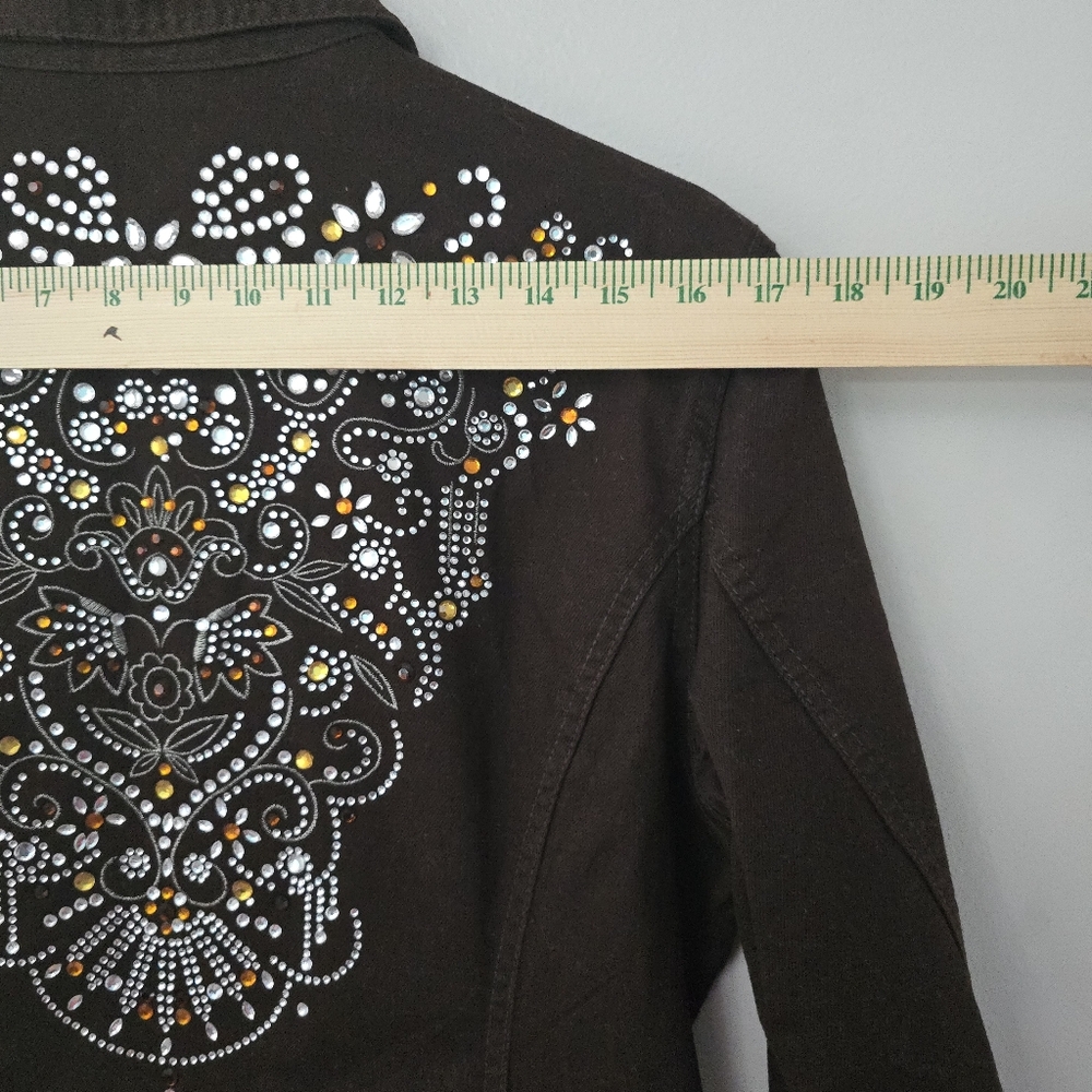 CHICOS PLATINUM Denim Jacket Brown Rhinestones Bedazzled Country Rock Sz  L - Picture 8 of 10